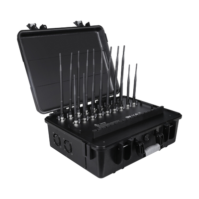 New powerful briefcase 18 Antenna Jammer blocks 2G, 3G, 4G, 5G, GPSL1, GPSL2-L5, GPSL3-L4, WIFI, 315,433,868, Lojack signals with 158W output power and a coverage range up to 120m