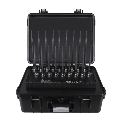 New powerful briefcase 18 Antenna Jammer blocks 2G, 3G, 4G, 5G, GPSL1, GPSL2-L5, GPSL3-L4, WIFI, 315,433,868, Lojack signals with 158W output power and a coverage range up to 120m